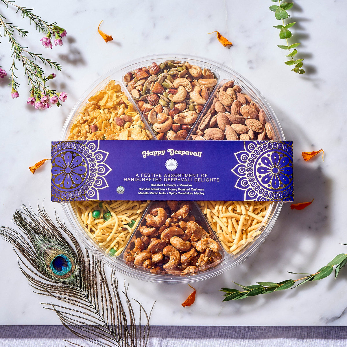 Halal Deepavali Nuts & Snacks Tray of almonds, honey roasted cashews, masala mixed nuts, murukku and namkeens